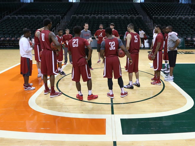 The University of Alabama basketball team prepares for its NIT game against Miami on Saturday. The Crimson Tide plays the Hurricanes on Saturday at 10 a.m.