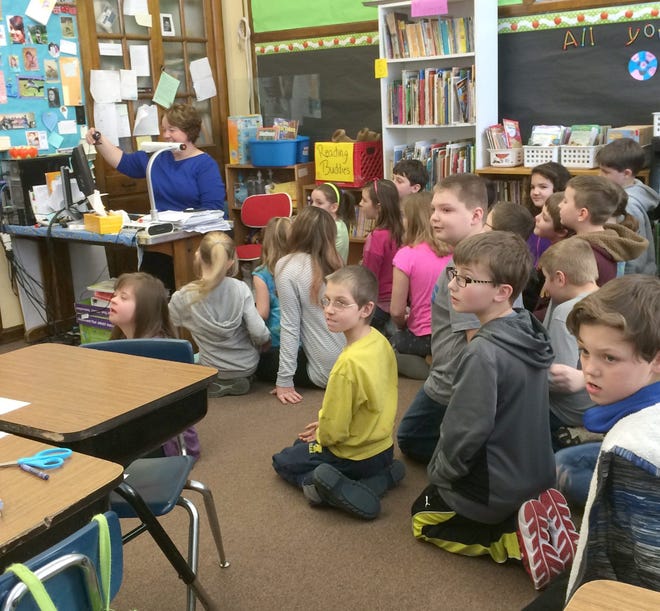 Students in Lara Baker's fourth grade class Skype with her former student teacher, Rebecca Wise, from her classroom on the Arapahoe Wind River Reservation in St. Stephens, Wyoming. COURTESY PHOTO