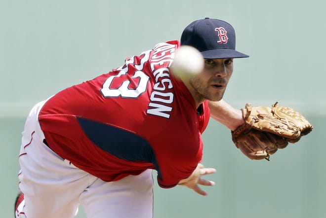 Justin Masterson works on his mechanics in spring training.