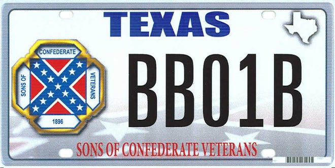 This image provided by the Texas Department of Motor Vehicles shows the design of a proposed Sons of Confederate Veterans license plate. The Supreme Court on March 23, 2015, will weigh a free-speech challenge to Texas' decision to refuse to issue a license plate bearing the Confederate battle flag. Specialty plates are big business in Texas, where drivers spent $17.6 million last year to choose from among more than 350 messages the state allows on the plates. (AP Photo/Texas Department of Motor Vehicles)
