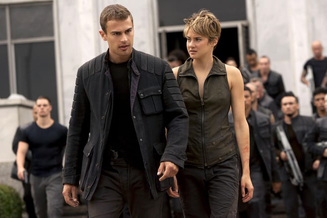 Theo James, left, and Shailene Woodley appear in a scene from the film, “The Divergent Series: Insurgent.”