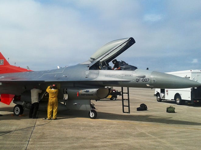Maintainers begin post-flight checks on the first Lot 1 production model QF-16 after it arrived at Tyndall Air Force Base on March 11. The aircraft is the first of 13 deliveries to the 82nd Aerial Targets Squadron, a geographically separated unit of the 53rd Wing, headquartered at Eglin Air Force Base. The QF-16 will replace the QF-4 as the next generation aerial target.