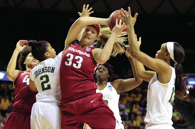 Arkansas Lady Razorbacks forward Melissa Wolff (33) battles for a loose ball with Baylor Bears forward Nina Davis (right) and guard Niya Johnson (2) during the first half in the second round of the women's NCAA Tournament at Ferrell Center. (Kevin Jairaj-USA TODAY Sports)