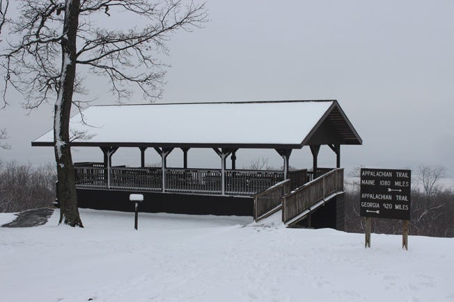 The pavilion at Pen Mar Park will be bustling with activity in the summer, but for now, all is quiet. For those looking for a more transient experience, the sign says it all: “Appalachian Trail — Maine 1,080 miles (north), Georgia 920 miles (south).”