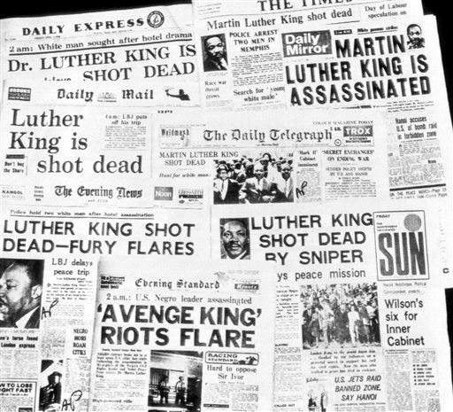 This is how the morning newspapers in London headlined the assassination of Dr. Martin Luther King, April 5, 1968. (AP Photo)