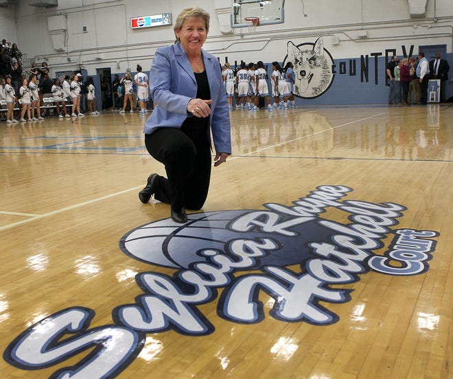 (John Clark/The Gazette) Sylvia Rhyne Hatchell, shown here during a Jan. 16 court dedication ceremony in her honor at Hunter Huss High, has led the University of North Carolina Lady Tar Heels into NCAA Sweet 16.