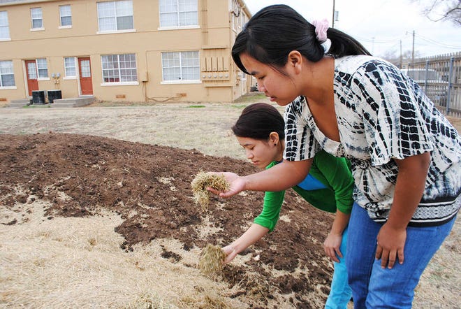 Zai Tin Mavei and Thluai Hnem Sung, residents at Astoria Park Apartments, inspect soil and grass clippings that will be used in a new second garden plot at the complex. Both women, of Burma, will participate in the High Plains Food Bank's satellite garden this season.
