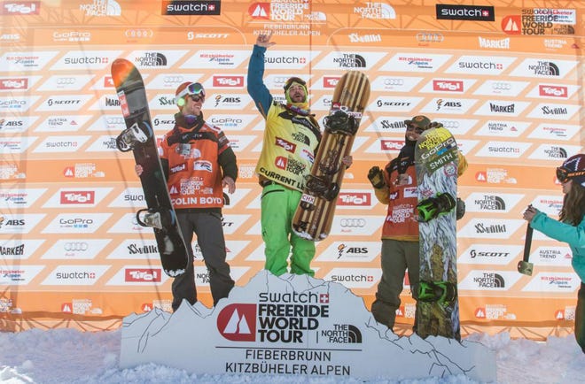 Eliot, Maine, native Colin Boyd, left, stands at the podium after he placed third at last week’s Freeride World Tour event in Haines, Alaska.