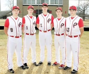 Pekin entered the 2015 high school baseball season with these returning lettermen (left to right): Skylar Bailey, Ryan Maas, Noah Kesselmayer, Brad Hazelwood, and Nate Hays.