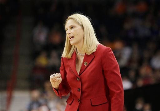 Maryland coach Brenda Frese instructs her team during a women's college basketball regional final game against Tennessee in the NCAA tournament Monday, March 30, 2015, in Spokane, Wash. Frese led the Terrapins to their fifth Final Four and third with her as coach.