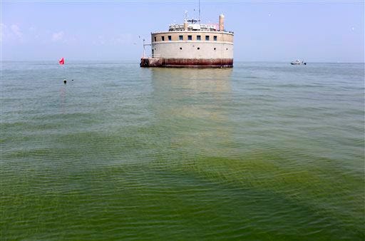 In this Aug. 3, 2014 file photo, the City of Toledo water intake crib is surrounded by algae in Lake Erie, about 2.5 miles off the shore of Curtice, Ohio. Ohio's latest and wide-ranging response to the toxic algae in Lake Erie that last year contaminated one of the state's largest drinking water systems will put a stop to practices that environmentalists have complained about for years. Now the big question is will it make a big difference. That answer won't come for at least several years. (AP Photo/Haraz N. Ghanbari, File)