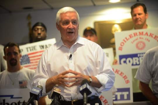 Former Pa. Gov. Tom Corbett speaks during a campaign stop at Boilermakers Local No. 154 

headquarters along Banksville Road in Pittsburgh, on Monday, July 14, 2014. Corbett, who was defeated in the election by Tom Wolf, will receive an annual pension of about $40,000 for his 11 years of service to the state. (Associated Press)