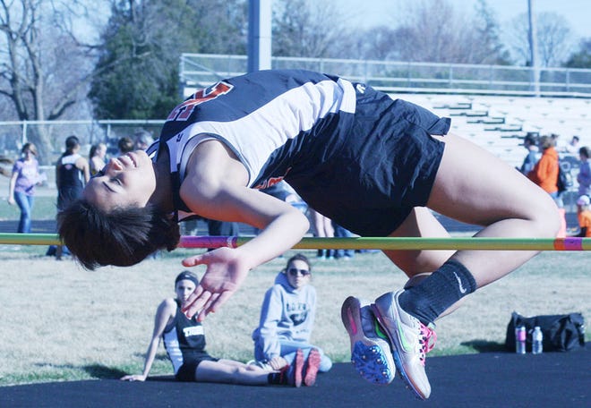 Kewanee’s Iesha Crowe won the high jump by clearing 5-0 in Tuesday night’s five-team meet at KHS’s Breedlove-Petersen track.