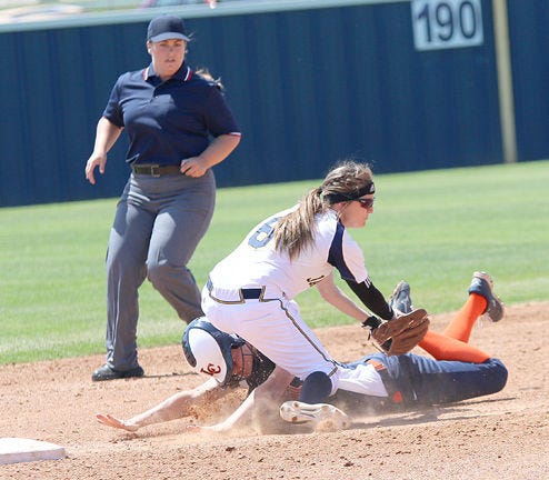HPU shortstop Kodi Glosson (6) tags out Louisiana College’s Heather Simmons (22) attempting to steal second base in the first game of Thursday’s doubleheader.