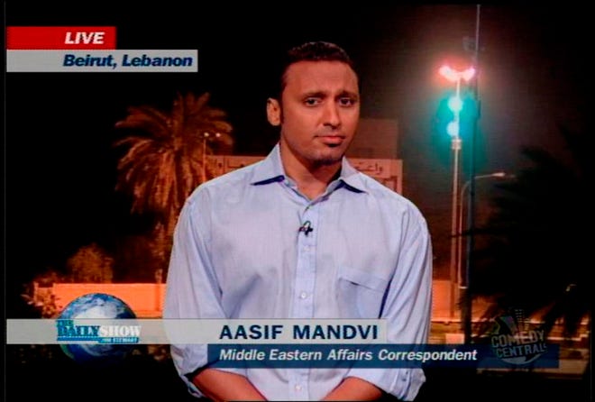 Actor Aasif Mandvi in a scene from "The Daily Show" on Comedy Central. "The Daily Show" correspondent's sitcom parody targeting anti-Muslim bias will debut on the "Funny or Die" website April 9.