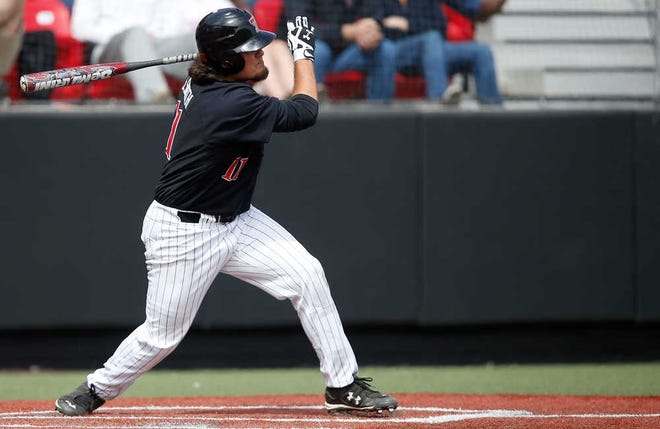 Texas Tech's Stephen Smith connects for a home-run against Texas Christian during their game on Saturday in Lubbock. (Tori Eichberger AJ/Media)