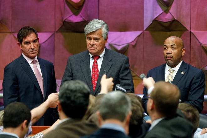 Independent Democratic Conference Leader Sen. Jeff Klein, D-Bronx, left, Senate Republican leader Dean Skelos, R-Rockville Centre, center, and Assembly Speaker Carl Heastie, D-Bronx, talk to reporters after a budget meeting in Albany.