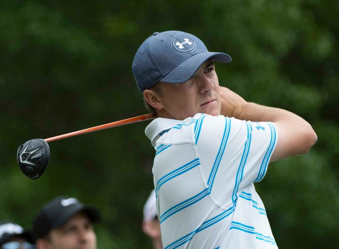 Jordan Spieth hits his tee shot on the second hole during the third round of the Houston Open golf tournament, Saturday, April 4, 2015, in Humble, Texas. (AP Photo/George Bridges)