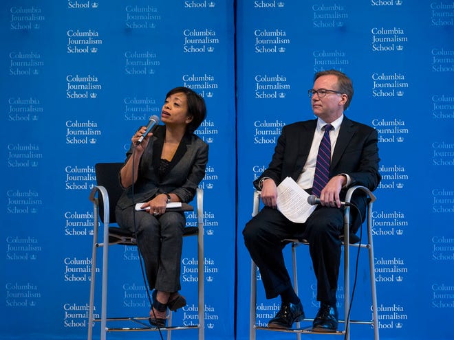 Columbia Journalism School Academic Dean Sheila Coronel, left, speaks while Columbia Journalism School Dean Steve Coll, listens during a news conference to discuss findings of a report conducted at the Columbia School of Journalism surrounding Rolling Stone magazine's expose of what it called a culture of sex assaults at the University of Virginia, Monday, April 6, 2015, in New York. Rolling Stone has officially retracted the story.
