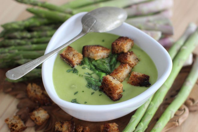 Fresh and “Creamy” Asparagus Soup with Tarragon contains no dairy products. It gets its texture from pureed vegetables.