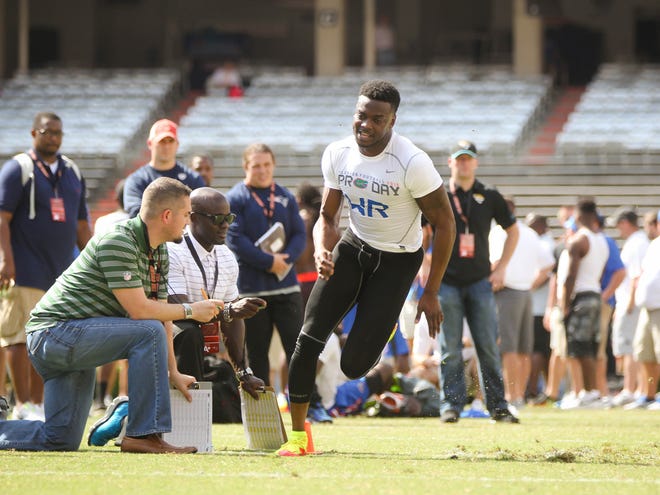 Former Florida receiver Andre Debose takes part in drills for NFL scouts and coaches during the annual Pro Day on Tuesday at Ben Hill Griffin Stadium.