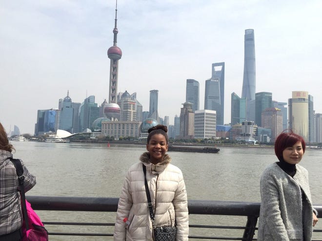 The skyline in Shanghai provides a backdrop for Alex Pinckney, a seventh grader at Lehman Intermediate who is studying at the East Stroudsburg Cyber Academy while living in China for a semester with her mother.

Photo provided