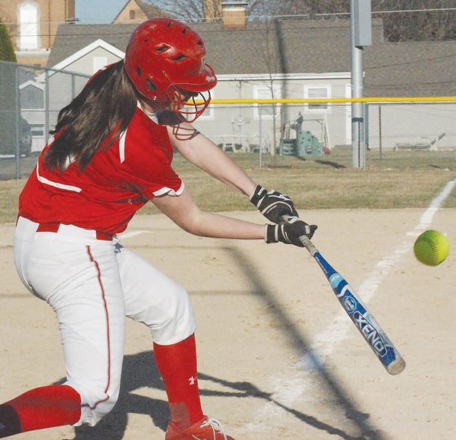 Morton sophomore Jacey Wharram connects with a pitch from a Galesburg hurler March 31 during a non-conference softball game at Birchwood Park. The Silver Streaks achieved a rare victory over the Potters, holding on for a 12-8 win. The contest featured four home runs, with two hit by Chandler Ryan of Morton. The Potters were scheduled to begin Mid-Illini Conference play Tuesday against Metamora.