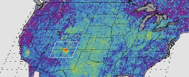 This undated handout image provided by NASA/JPL-Caltech/University of Michigan, shows The Four Corners area, in red, left, is the major U.S. hot spot for methane emissions in this map showing how much emissions varied from average background concentrations from 2003-2009 (dark colors are lower than average; lighter colors are higher. Satellite data spotted a surprising hot spot of the potent heat-trapping gas methane over part of the American southwest. Those measurements hint that U.S. Environmental Protection Agency considerably underestimates leaks of natural gas, also called methane. In a new look at methane from space, the four corners area of New Mexico, Colorado, Arizona and Utah jump out in glowing red with about 1.3 million pounds of methane a year. That’s about 80 percent more than the EPA figured and traps more heat than all the carbon dioxide produced yearly in Sweden.