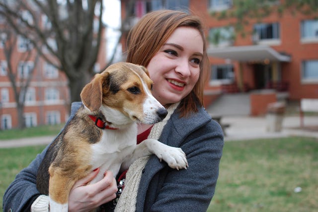 Molly Wallace, a sophomore at Stephens College in COlumbia, describes her foster beagle mix Daisy as "the best roommate ever." (Darby Jones/Stephens College)
