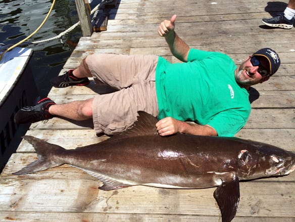Brian Hammerman was having a little fun posing for photographs with his 82-pound cobia on the docks.