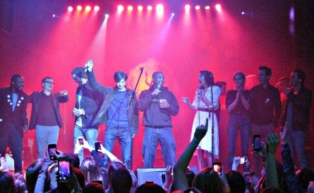 Cast members of ‘One Tree Hill’ gather on stage during a party at Ziggy’s By the Sea nightclub in down-town Wilmington on March 28. Pictured are, from left, Vaughn Wilson, Cullen Moss, Chad Michael Murray, Lee Norris, Antwon Tanner, Hilarie Burton, Bevin Prince, Stephen Colletti and Kieren Hutchison.