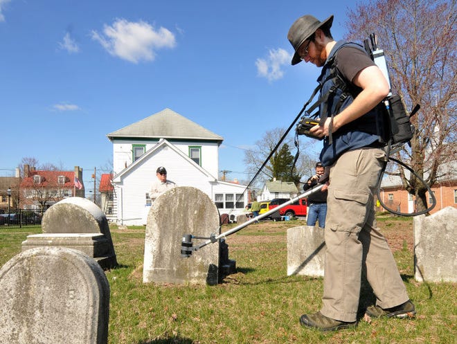 Gordon Osterman, of Rutgers University, uses a cesium magnetometer to survey the Vincentown Friends Cemetery for the Southampton Historical Society on Saturday, April 11, 2015.