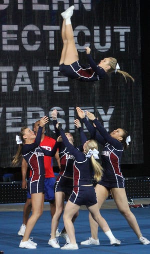 Eastern Connecticut State University compete Thursday at the National Cheerleading Association and National Dance Association Collegiate Cheer & Dance Championship at the Ocean Center in Daytona Beach.
