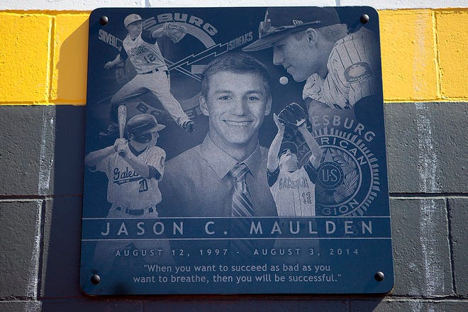 Galesburg High School unveiled a plaque honoring Jason Maulden prior to Saturday's doubleheader with Moline at Jim Sundberg Field. Maulden, who would have been a senior, was killed along with his grandfather, Steve Cervantez, in an August 2014 car crash. STEVE DAVIS/The Register-Mail