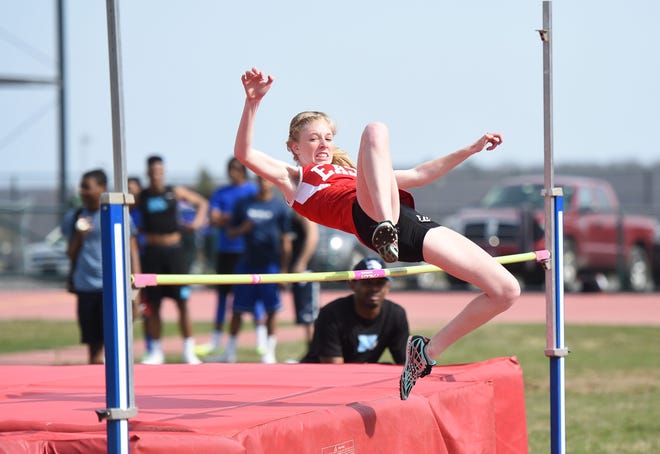 Pocono Mountain East High School's Taylor Gravel competes in the high jump during a meet at Pocono Mountain East against Pleasant Valley and East Stroudsburg North on Monday April 13, 2015. (Amy Herzog/Pocono Record)