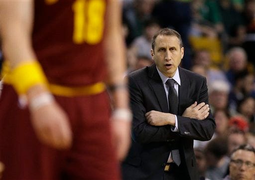 Cavaliers head coach David Blatt shouts from the bench during the first quarter of Sunday's game in Boston.