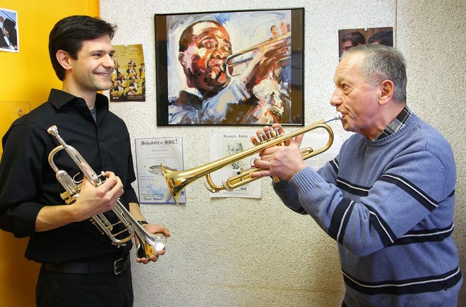 Harvey Dickstein, of Cohasset, is a trumpet student of Rob Reustle at South Shore Conservatory, in Hingham Friday, March 27, 2015.