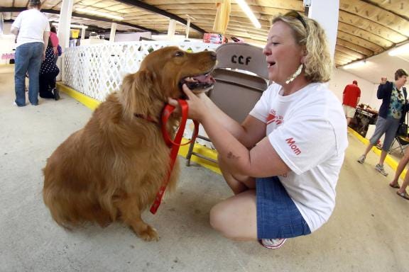 Melissa Martin pets Clifford the dog at Clifford's Army Rescue Extravaganza. The event helps raise money for the Cleveland County Animal Shelter. The organization has been nominated and chosen to participate in a contest sponsored by Southern Grace Distilleries of Concord. (Star file photo)