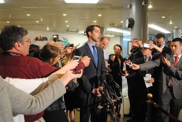 PETER URBAN • GATEHOUSE NEWS WASHINGTON BUREAU / Sen. Tom Cotton, R-Ark., speaks to reporters Tuesday after a classified briefing on the Iran nuclear deal.
