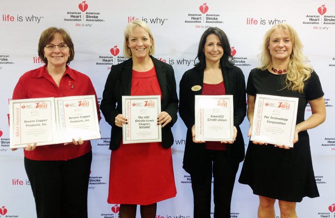 Par Technology is the local American Heart Association’s Company of the Year based on the results of an eight-week Go Red Corporate Challenge. Also receiving awards were AmeriCU Credit Union, the ARC Oneida-Lewis Chapter and Revere Copper Products. From left are Karen Arborgast, Gail Miskowiec, Jackie Emma and Valerie Slater. SUBMITTED PHOTO
