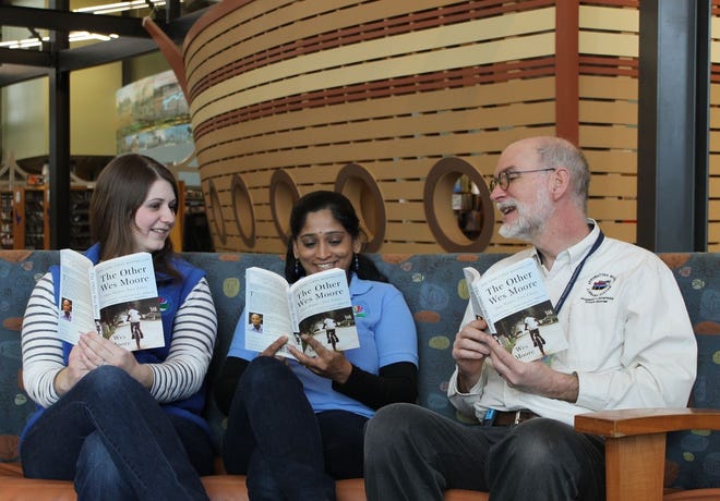 Appomattox Regional librarians Jen Wolfe, Nandhitha Agaram, and Chris Wiegard chat about this year’s “Reading Along the Appomattox” selection. CONTRIBUTED PHOTO