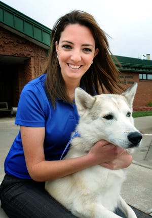 Vanessa Cowie, animal services supervisor at the Salina Animal Shelter, poses with Kasper, a three-legged husky mix. Last month, the shelter adopted out 99.1 percent of the dogs at the shelter. It is now officially a “no kill” facility.