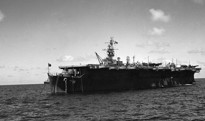 File - In this July 1946 file photo is the USS Independence near Bikini Atoll. Scientists have rediscovered a mostly intact World War II aircraft carrier the U.S. Navy scuttled off the Northern California coast decades ago. The U.S.S. Independence was located and video recorded as part of a National Oceanic and Atmospheric mission to locate and map an estimated 300 historic shipwrecks in the waters outside San Francisco's Golden Gate Bridge. Images captured by a remotely controlled miniature submarine showed the Independence sitting upright about 30 miles west of the coast and near the Farallon Islands. (AP Photo/Clarence Hamm, File)
