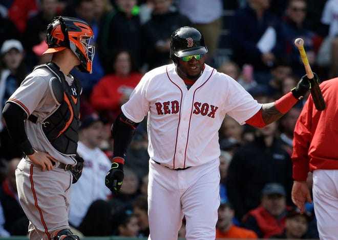 Boston Red Sox's David Ortiz, right, throws his bat after being ejected from a baseball game as Baltimore Orioles' Caleb Joseph, left, looks on during the fifth inning Sunday, April 19, 2015, in Boston.