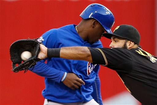 The Chicago Cubs' Jorge Soler, left, gets back to first bae as Pittsburgh Pirates first baseman Pedro Alvarez, right, gets a pick off attempt from starting pitcher A.J. Burnett in the first inning of Monday's game. THE ASSOCIATED PRESS