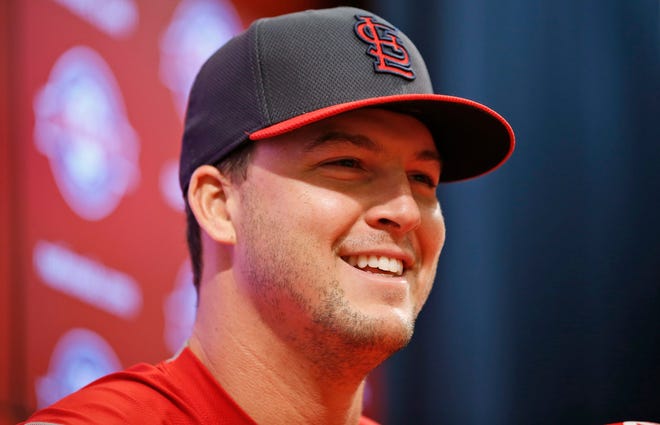 St. Louis Cardinals pitcher Mitch Harris, a 29-year-old graduate of the U.S. Naval Academy, smiles as he speaks during a media availability before a game against the Washington Nationals at Nationals Park on Tuesday in Washington. (AP Photo/Alex Brandon)