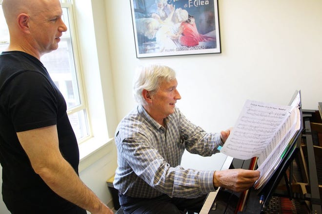 Dave Bryan, 69, is taking up piano at South Shore Conservatory after playing guitar in rock and roll bands most of his life, Friday, April 17, 2015. Instructor Matt Brom is at left.
