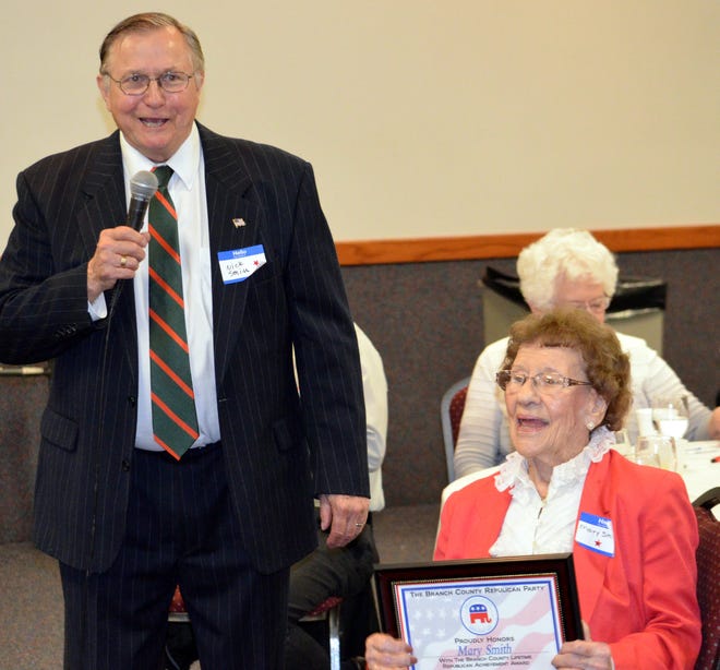 Former congressman Nick Smith honored 99-year-old Mary Smith with a Lifetime Achievement award for her service to the party at the 120th Lincoln Day Dinner. Don Reid photo