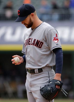 Cleveland Indians starter Corey Kluber checks the ball during the first inning of Wednesday's loss to the White Sox.