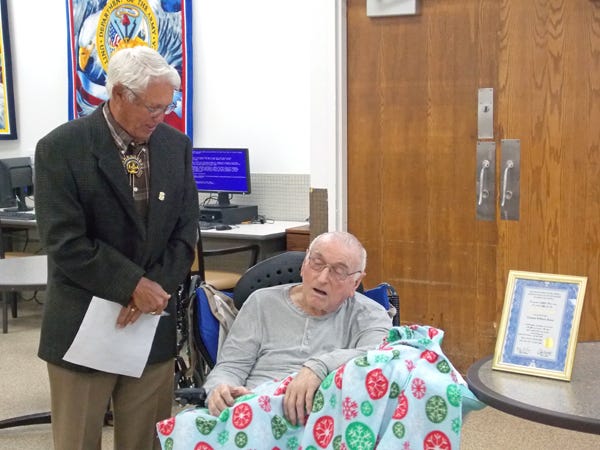 Truman Rouse, right, a resident of the Ardmore Veterans Center, received recognition recently for having been a member of the Masonic Lodge for 50 years. Photo submitted